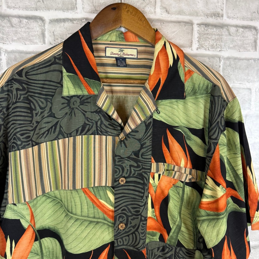 Tommy Bahama Silk Linen Patchwork Hula Girl Bird of Paradise Camp Shirt MEDIUM